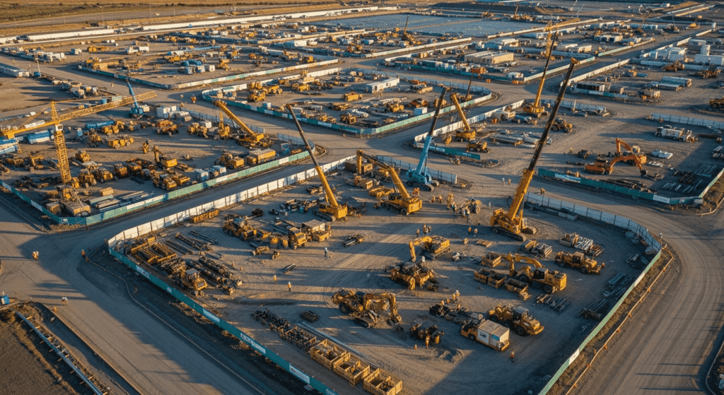 Aerial view of a large construction site with multiple cranes, heavy machinery, and equipment arranged in sections, surrounded by dirt roads and fencing, with buildings and vehicles scattered in the background.