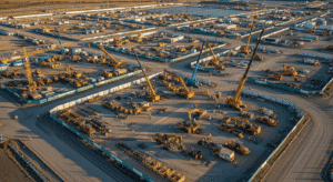 Aerial view of a large construction site with multiple cranes, heavy machinery, and equipment arranged in sections, surrounded by dirt roads and fencing, with buildings and vehicles scattered in the background.