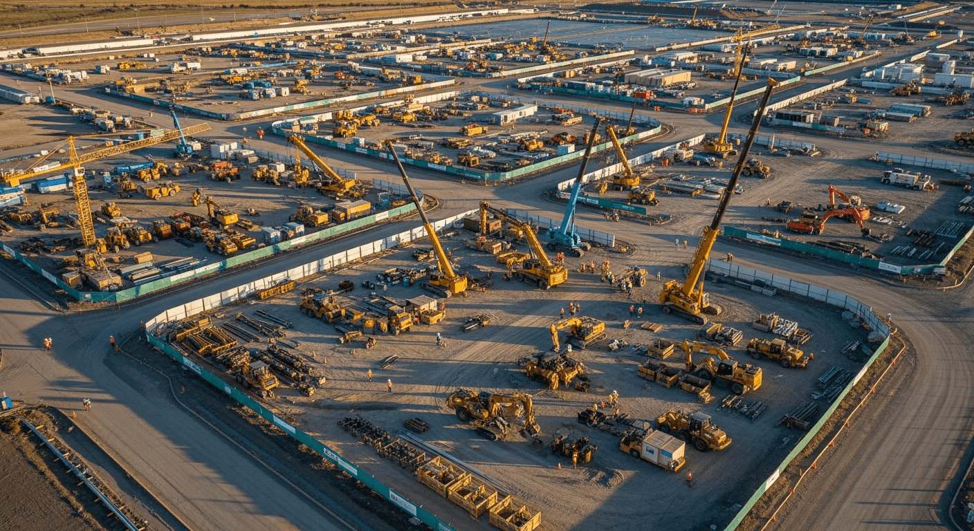 Aerial view of a large construction site with multiple cranes, heavy machinery, and equipment arranged in sections, surrounded by dirt roads and fencing, with buildings and vehicles scattered in the background.