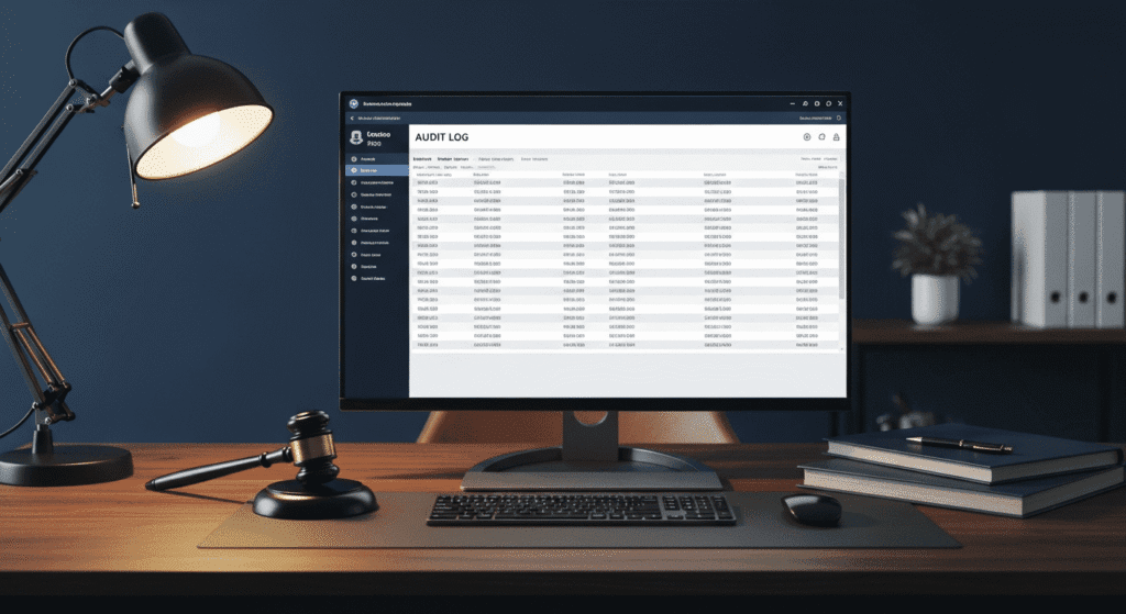 A computer monitor on a wooden desk displays an audit log table. Nearby are a desk lamp, a gavel, a keyboard, a mouse, stacked books, and office folders, creating a professional office setting.