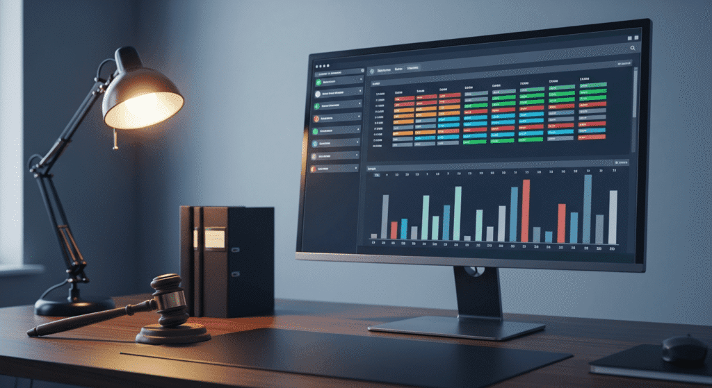 A modern desk with a computer displaying colorful data charts, a judges gavel, a desk lamp, and file folders, suggesting a legal setting involving data analysis or legal technology.