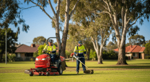 Council outdoor crew workers with maintenance equipment near a local park