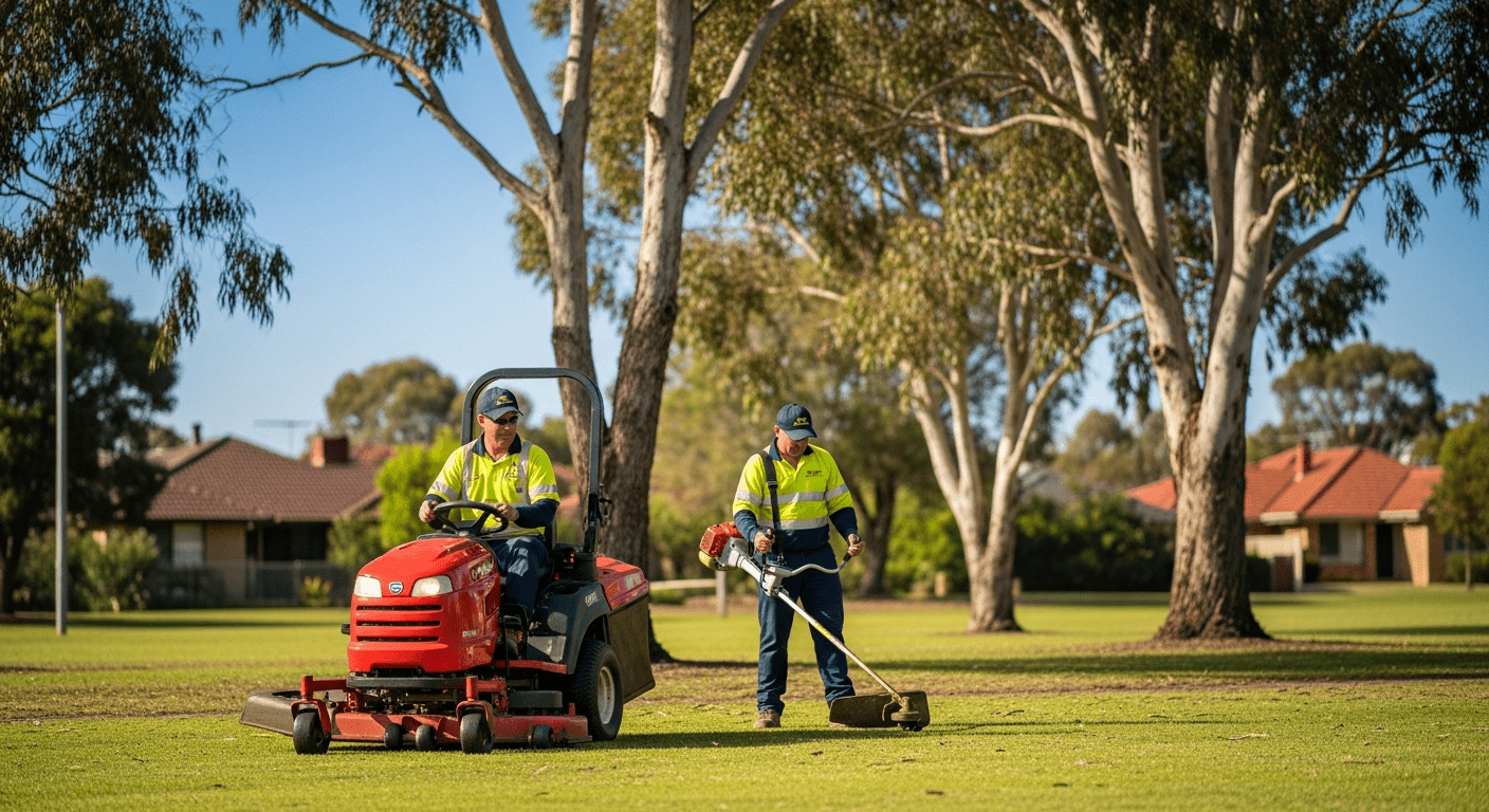 Council outdoor crew workers with maintenance equipment near a local park