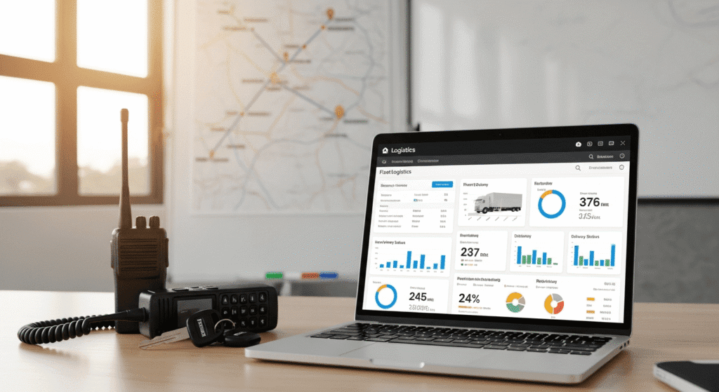 Laptop displaying a logistics dashboard with charts and data, sitting on a desk next to a two-way radio and keys.