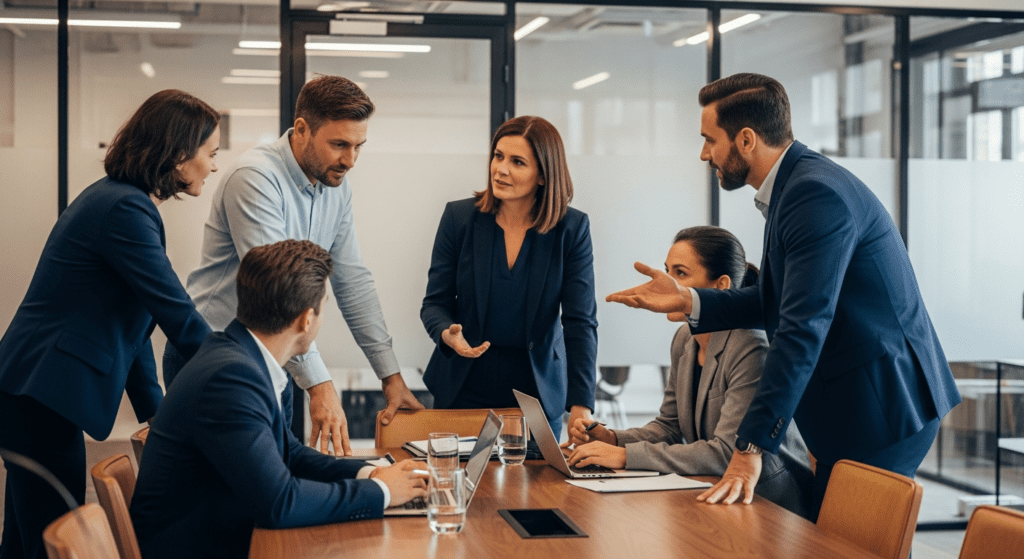 Business managers in a collaborative discussion around a conference table