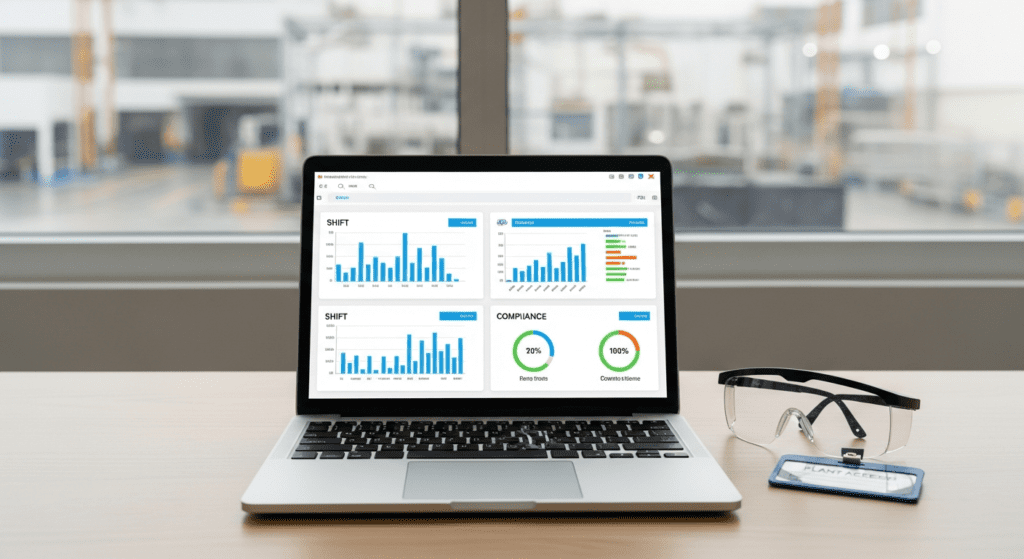 Laptop displaying manufacturing data dashboards with bar charts and compliance gauges on a desk with safety glasses.