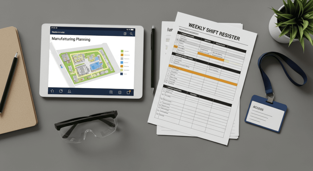 Tablet showing manufacturing floor plan next to a printed weekly shift register and safety glasses on a desk.