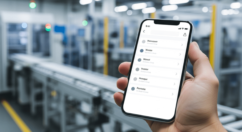 Hand holding a smartphone displaying a manufacturing management app interface in a factory setting.