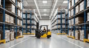 Forklift operating in a modern warehouse aisle with racking and safety markings