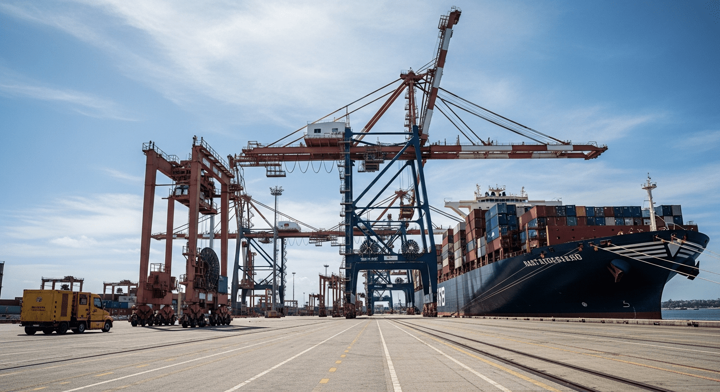 Container ship at an Australian port terminal with cranes and port infrastructure