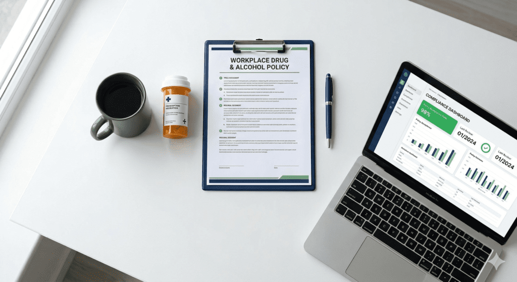 Prescription medication bottle and workplace policy document on a modern office desk