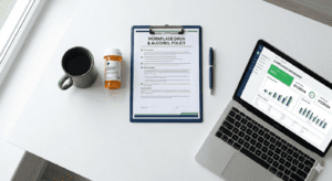 Prescription medication bottle and workplace policy document on a modern office desk