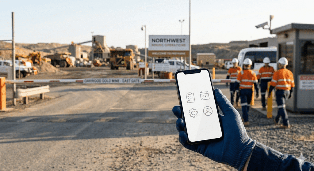 A gloved hand holds a smartphone showing icons in front of a mining site entrance, where workers in safety gear walk toward heavy machinery and a sign reading “Northwest Mining Operations.”.