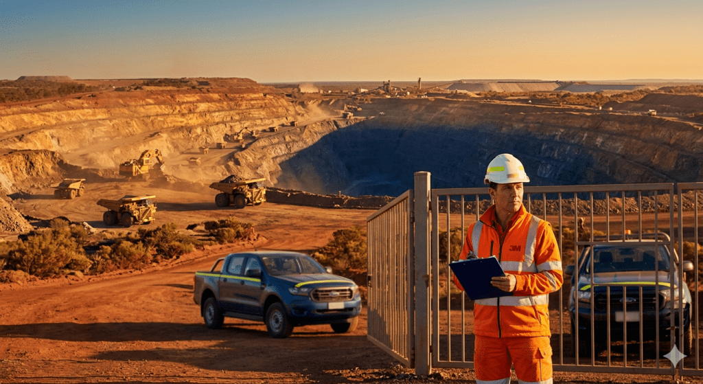 Safety officer with clipboard at an Australian mine site access gate