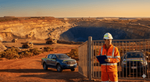 Safety officer with clipboard at an Australian mine site access gate