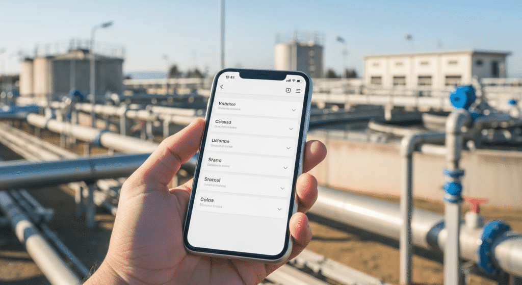 Hand holding a smartphone displaying a utility management app interface in front of a water treatment facility.