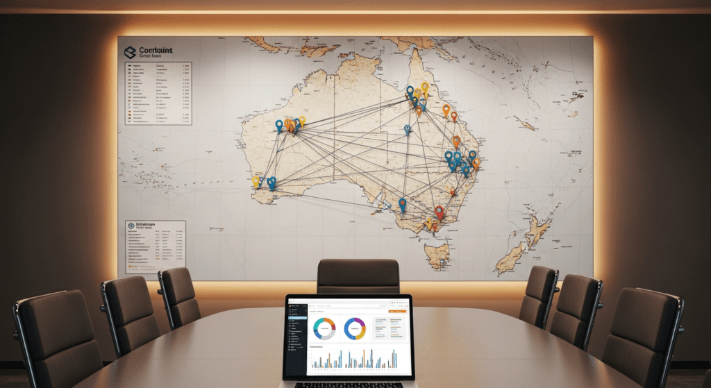 Map with multiple location pins connected by lines representing multi-site testing coordination