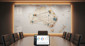 Map with multiple location pins connected by lines representing multi-site testing coordination