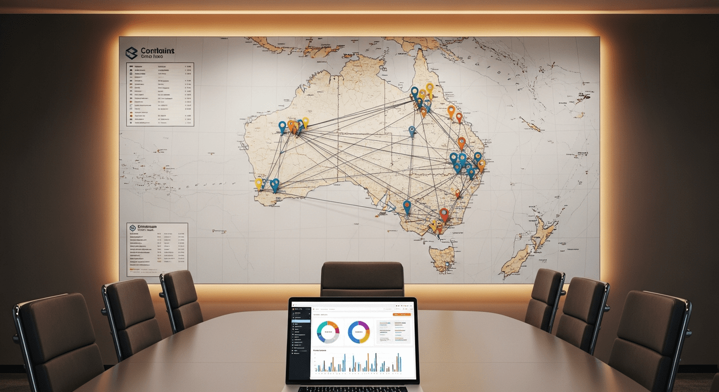 Map with multiple location pins connected by lines representing multi-site testing coordination