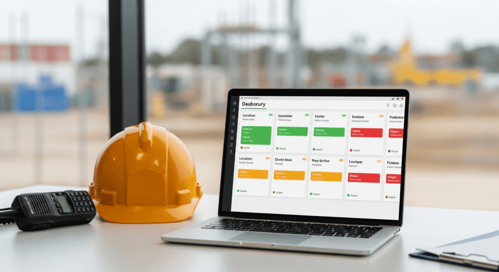Laptop displaying a multi-site operations dashboard next to a yellow hard hat and a two-way radio on a desk.