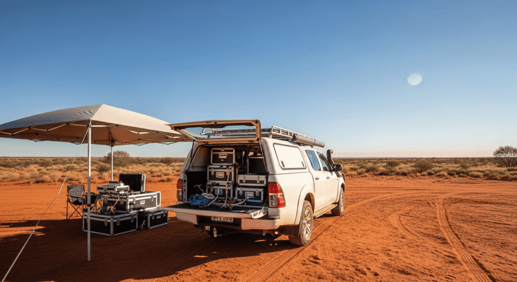 A white off-road vehicle with its back open displays equipment under a canopy in a remote, sandy desert landscape with clear skies and sparse vegetation.