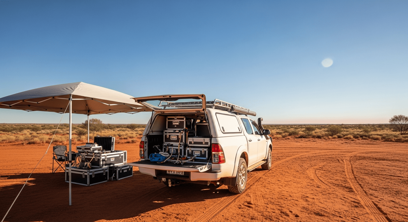A white off-road vehicle with its back open displays equipment under a canopy in a remote, sandy desert landscape with clear skies and sparse vegetation.