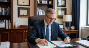 Company director reviewing WHS compliance documentation in an executive office