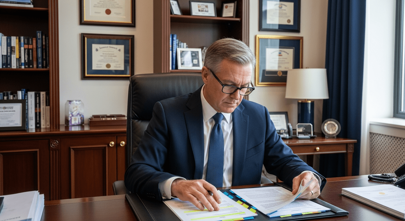 Company director reviewing WHS compliance documentation in an executive office