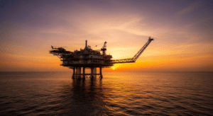 Offshore oil and gas platform with helicopter landing pad at sunset