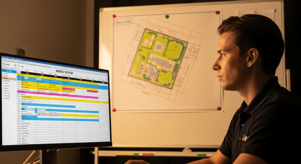 A man working at a computer displaying a color-coded weekly operations roster with a site map on a whiteboard behind him.