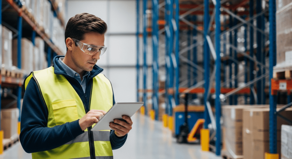 Warehouse worker in a high-visibility vest and safety glasses using a tablet to check inventory status.