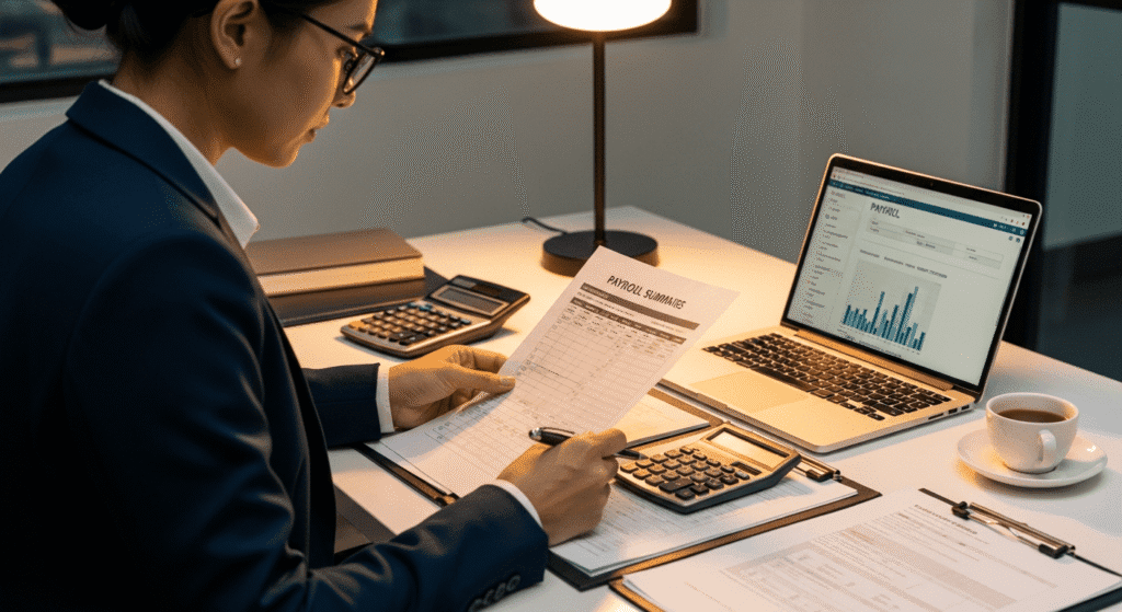 A professional reviewing payroll summary documents and financial data on a laptop at a desk.