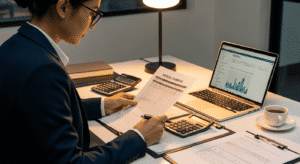 A professional reviewing payroll summary documents and financial data on a laptop at a desk.