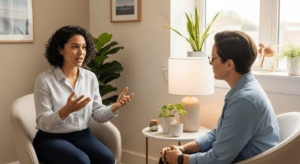 Two people having a supportive private conversation in a quiet office