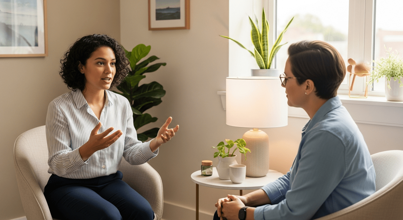 Two people having a supportive private conversation in a quiet office