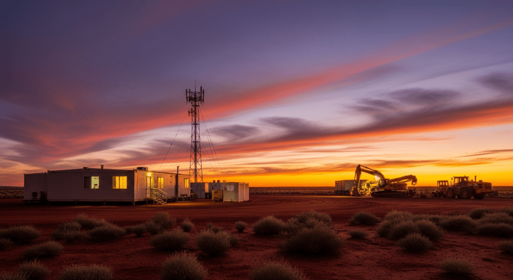 Remote Australian mining or construction site at dusk with site buildings
