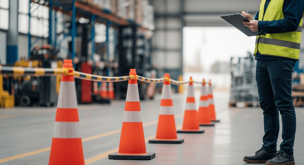 Investigation scene with a clipboard and safety cones at an industrial site