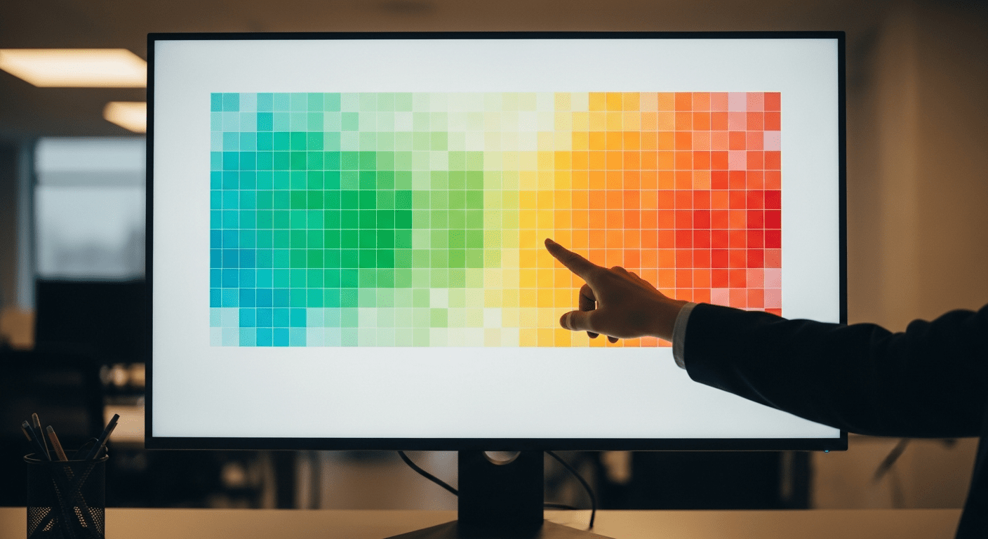 A person points at a computer monitor displaying a colorful grid of squares transitioning from green on the left to yellow and orange on the right, in an office setting.