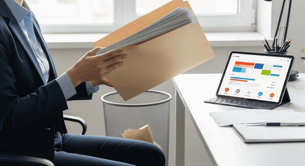 A person in a business suit sits at a desk, holding a folder of documents near a trash bin. On the desk, a tablet displays colorful charts and graphs. Papers and a pen rest nearby. Daylight streams through a window.