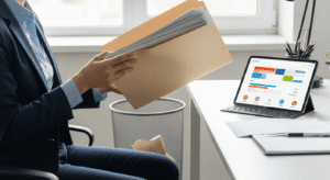 A person in a business suit sits at a desk, holding a folder of documents near a trash bin. On the desk, a tablet displays colorful charts and graphs. Papers and a pen rest nearby. Daylight streams through a window.
