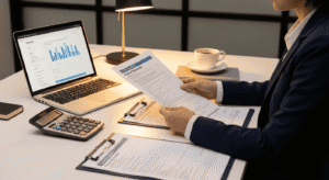 A person in business attire reviews paperwork at a desk with a laptop displaying a graph, a calculator, clipboards, and a cup of coffee. The setting appears to be an office or workspace.