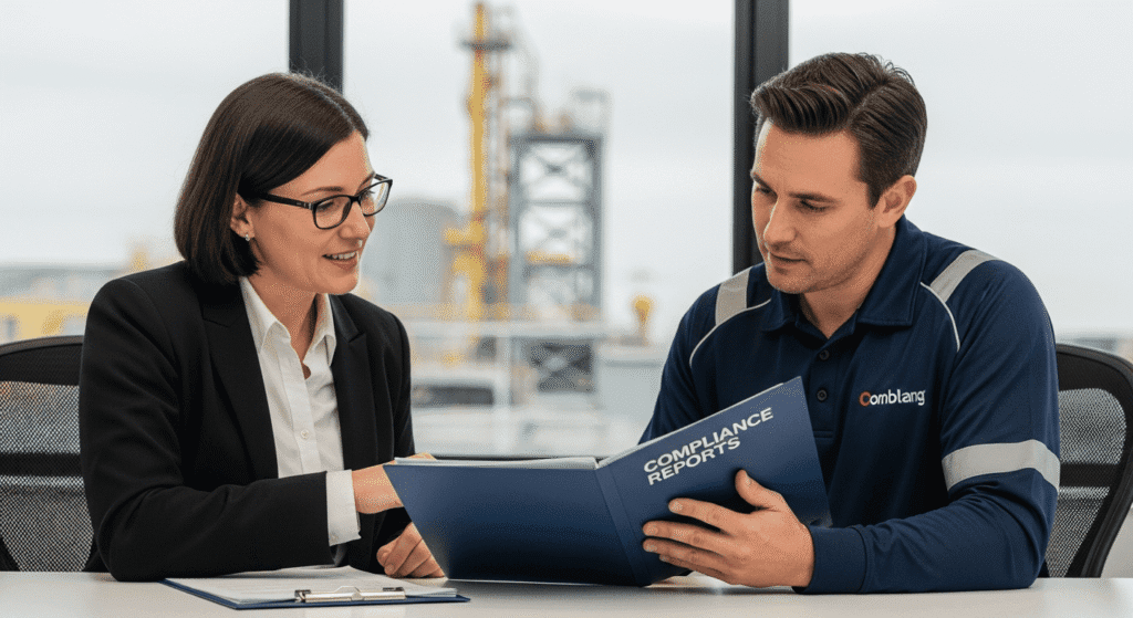 Two professionals sit at a table reviewing a folder labeled Compliance Reporting Reports. The woman is in business attire and the man is in a branded polo shirt, with industrial structures visible through the window behind them.