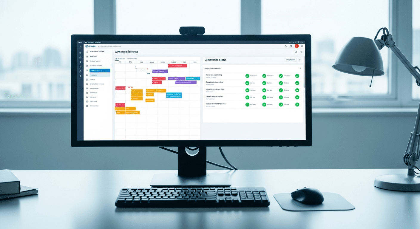 A computer monitor on a desk displays a scheduling calendar and compliance status dashboard in a modern, brightly lit office setting. A keyboard, mouse, and desk lamp are also visible.