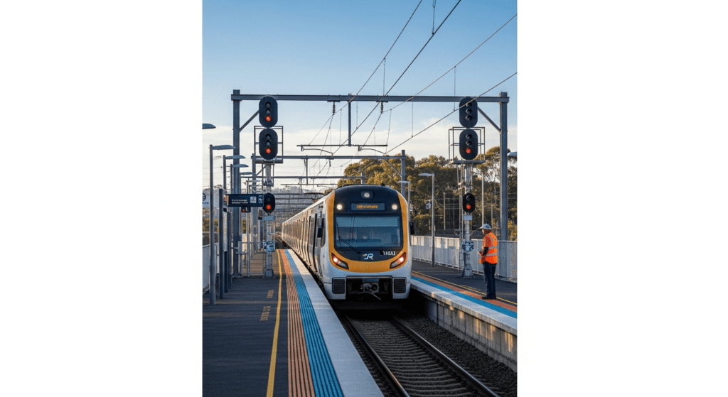 Modern Australian passenger train at a station platform with safety infrastructure