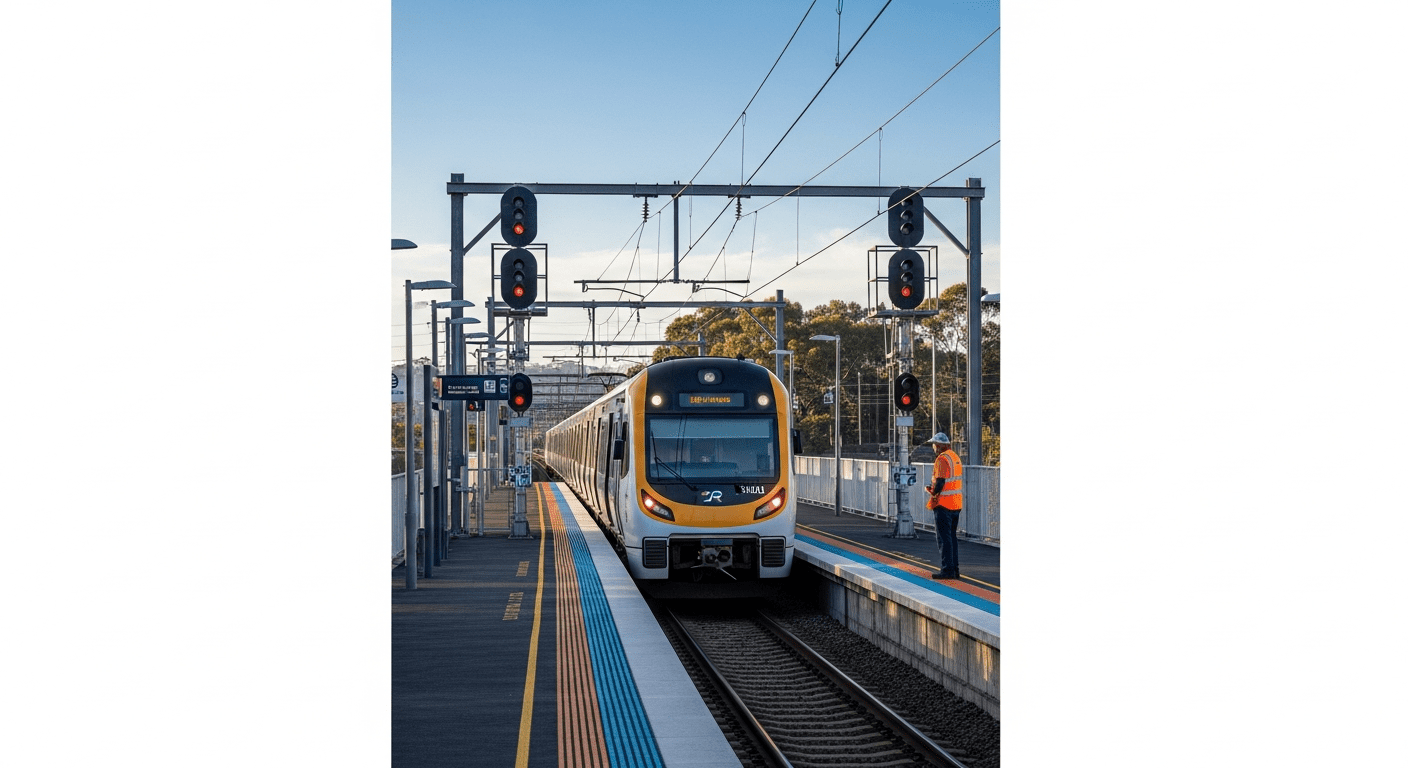Modern Australian passenger train at a station platform with safety infrastructure
