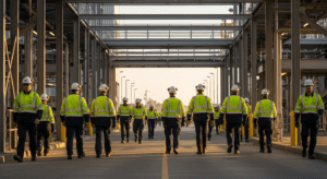 Workers transitioning during a shift changeover at an industrial facility
