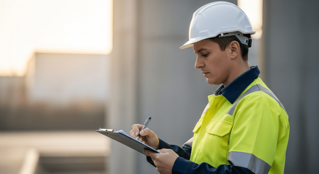 Supervisor writing detailed observations on a documentation form at a worksite