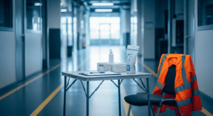 Supervisor with clipboard at a workplace testing station representing the moment of direction