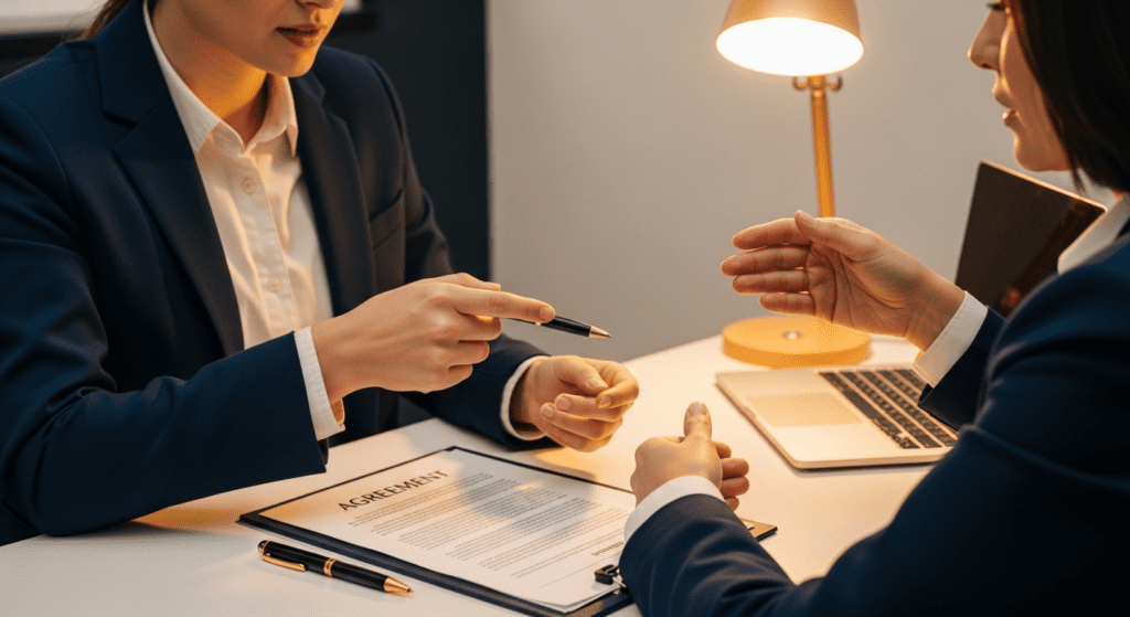 HR professional and employee reviewing a return-to-work agreement in an office