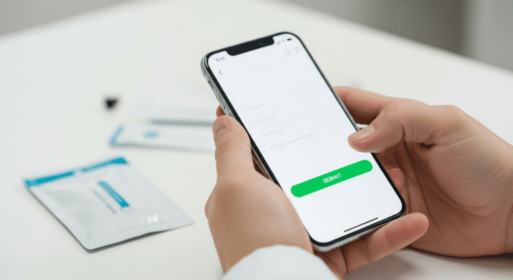 Hands holding a smartphone displaying a digital form with a green submit button next to medical testing kits.
